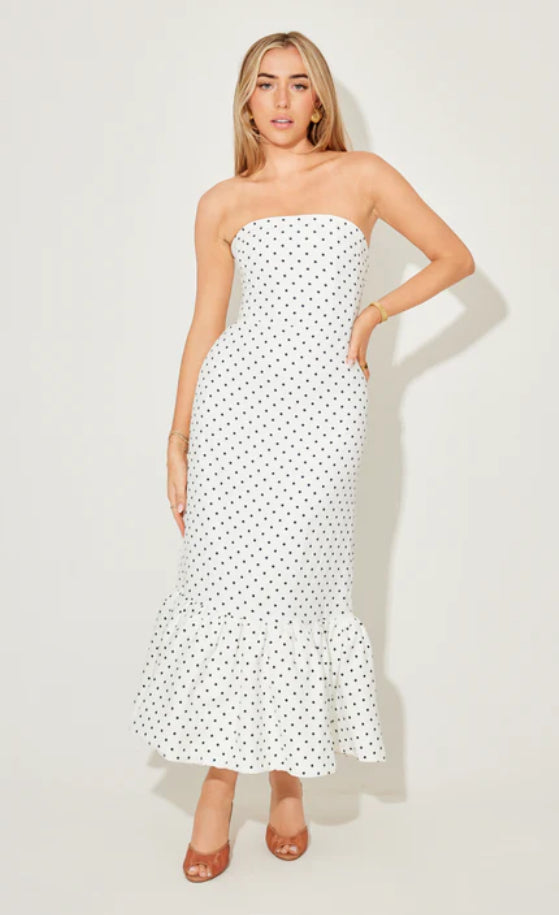 White polka dot Odd Muse Strapless Peplum Midi Dress