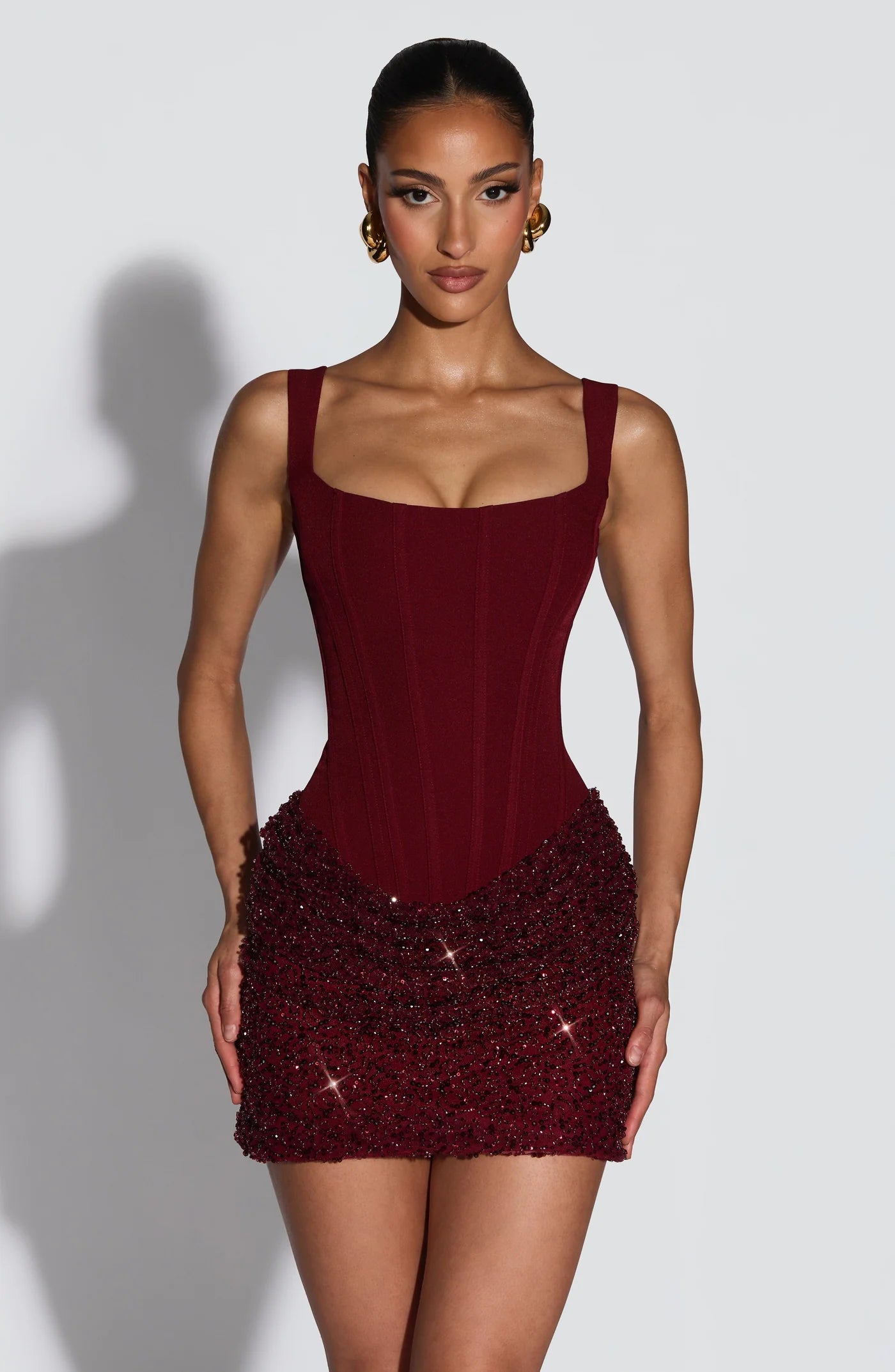 women's christmas party dresses YEONA MINI DRESS BURGUNDY Babyboo – Hire Me AU