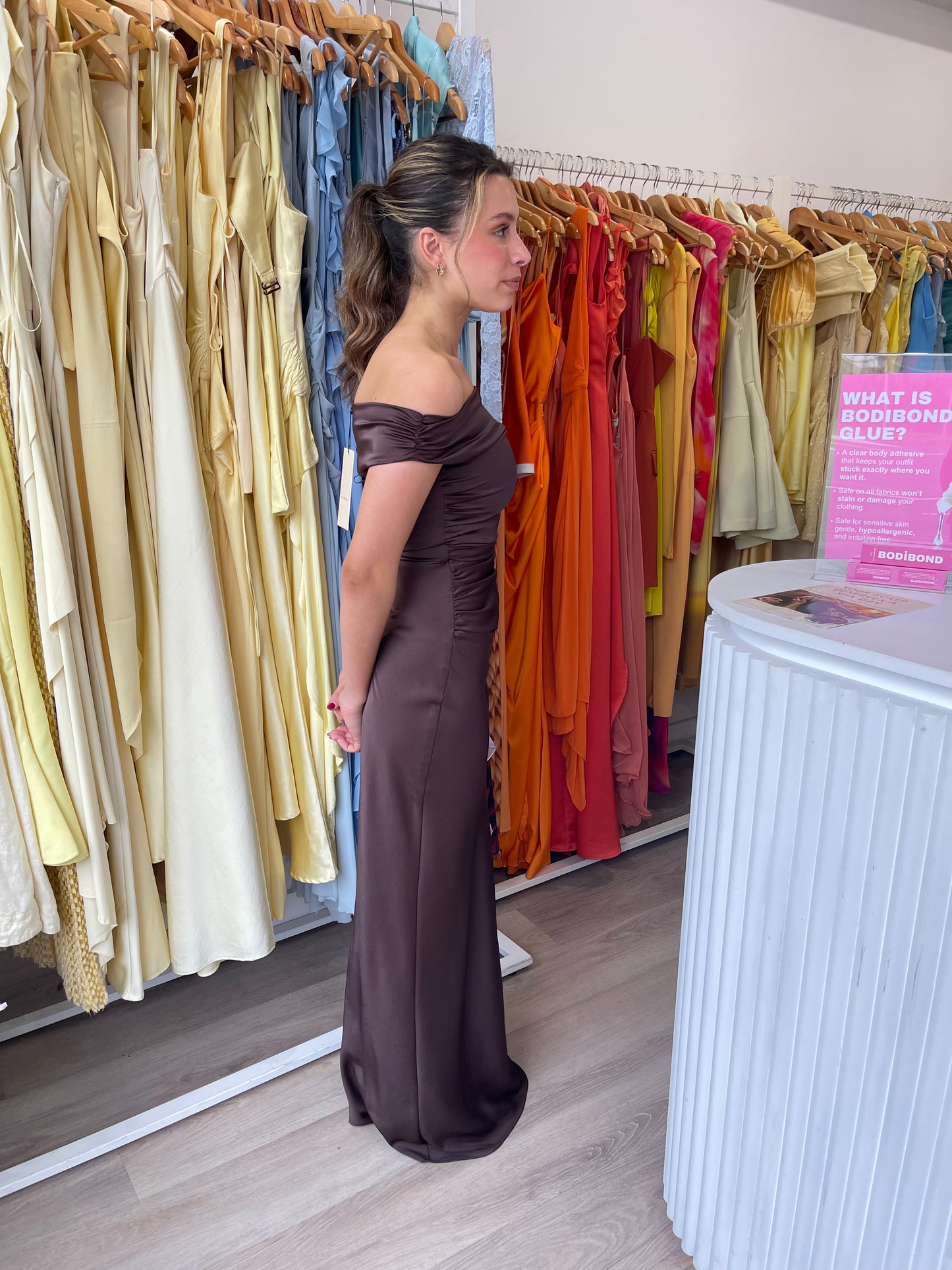 ETERNITY OFF SHOULDER MAXI
DARK CHOCOLATE Bec & Bridge