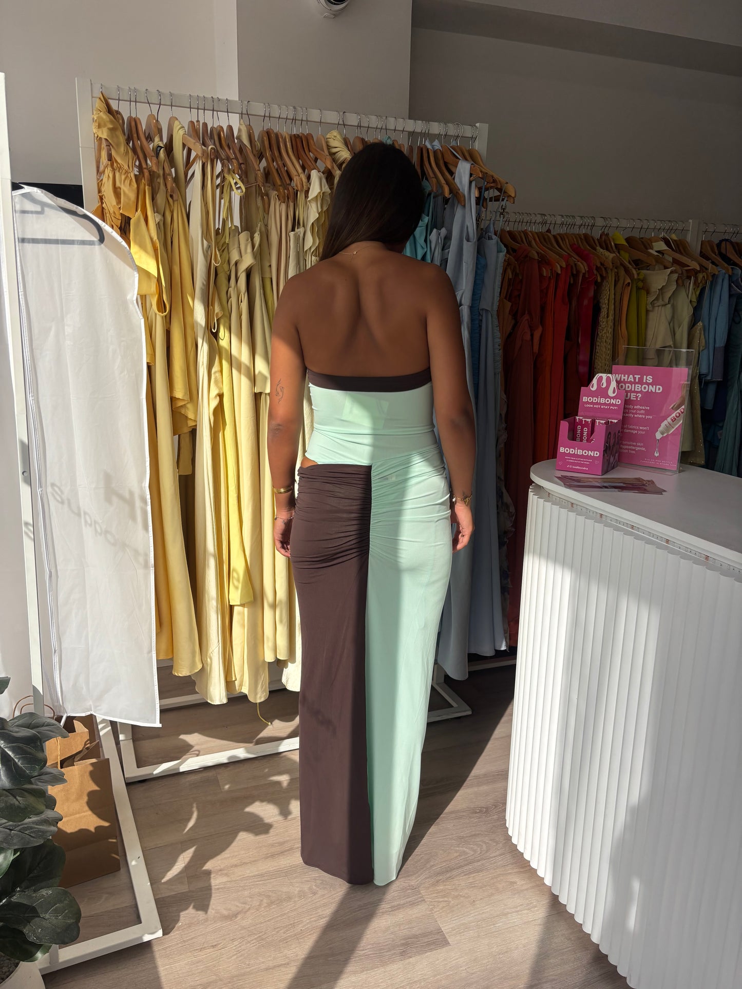 Rumi strapless maxi aqua / choc