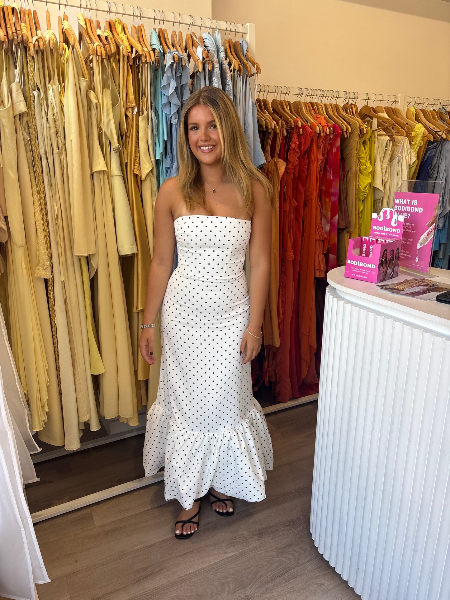 White polka dot Odd Muse Strapless Peplum Midi Dress