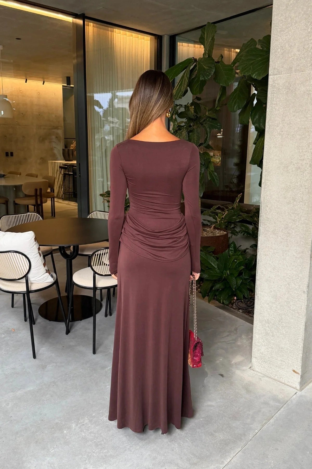 SNEAKY LINK Ella Squire Long Sleeve Maxi Dress in Chocolate Brown