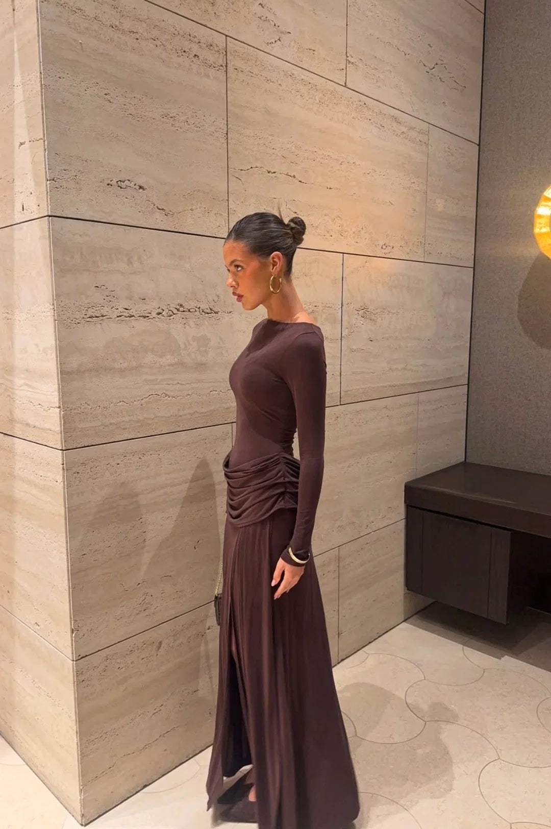 SNEAKY LINK Ella Squire Long Sleeve Maxi Dress in Chocolate Brown