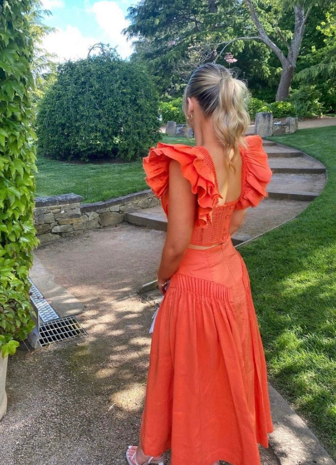 Aje Frill Sleeve Top & Yves Midi Skirt Orange